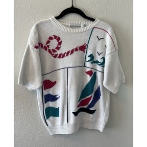 Vintage 80's Womens Sweater Medium White Nautical Sailboat Short Sleeve Knit